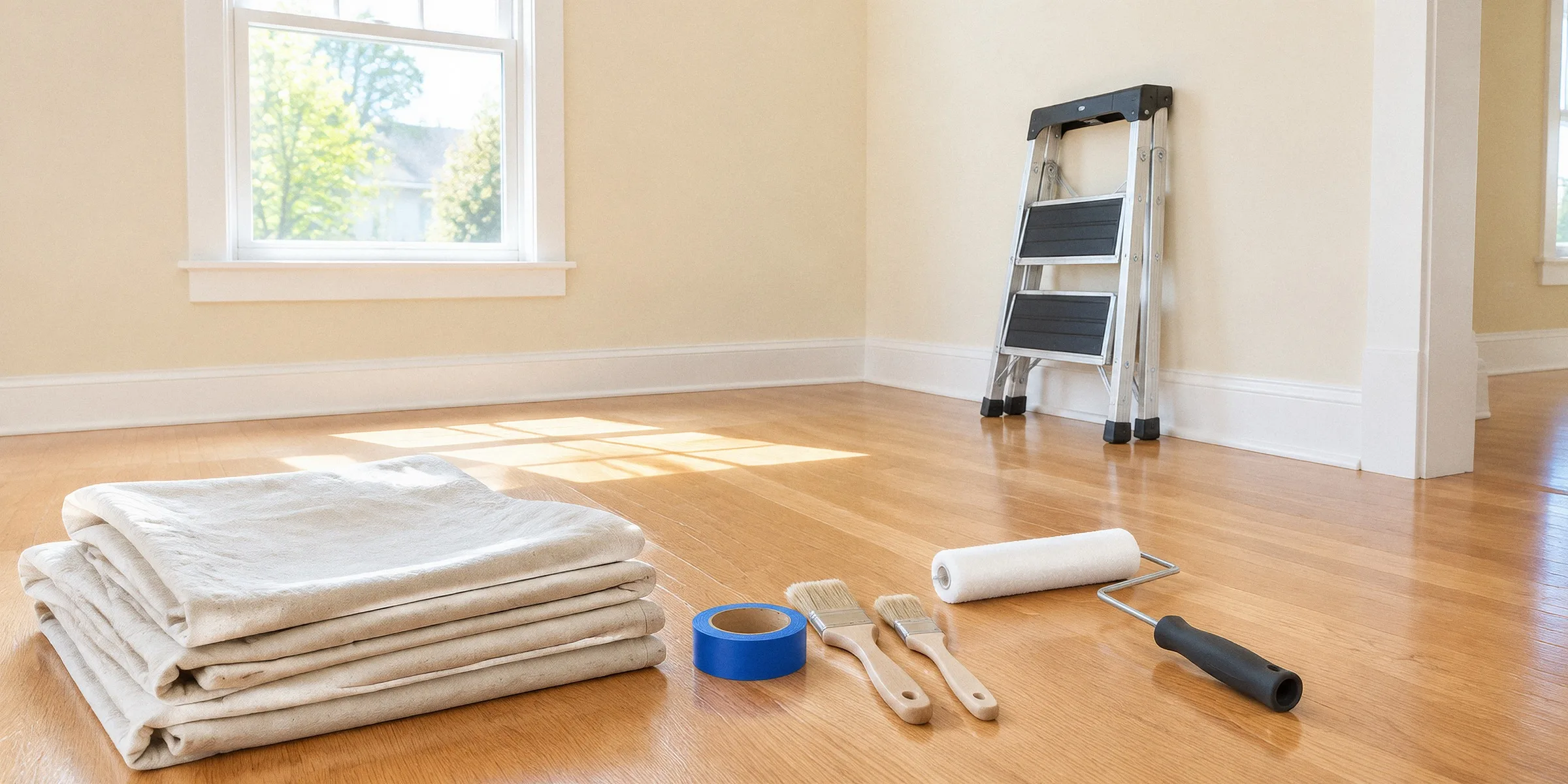 Folded drop cloths, brushes and tape laid out ready at the start of a job