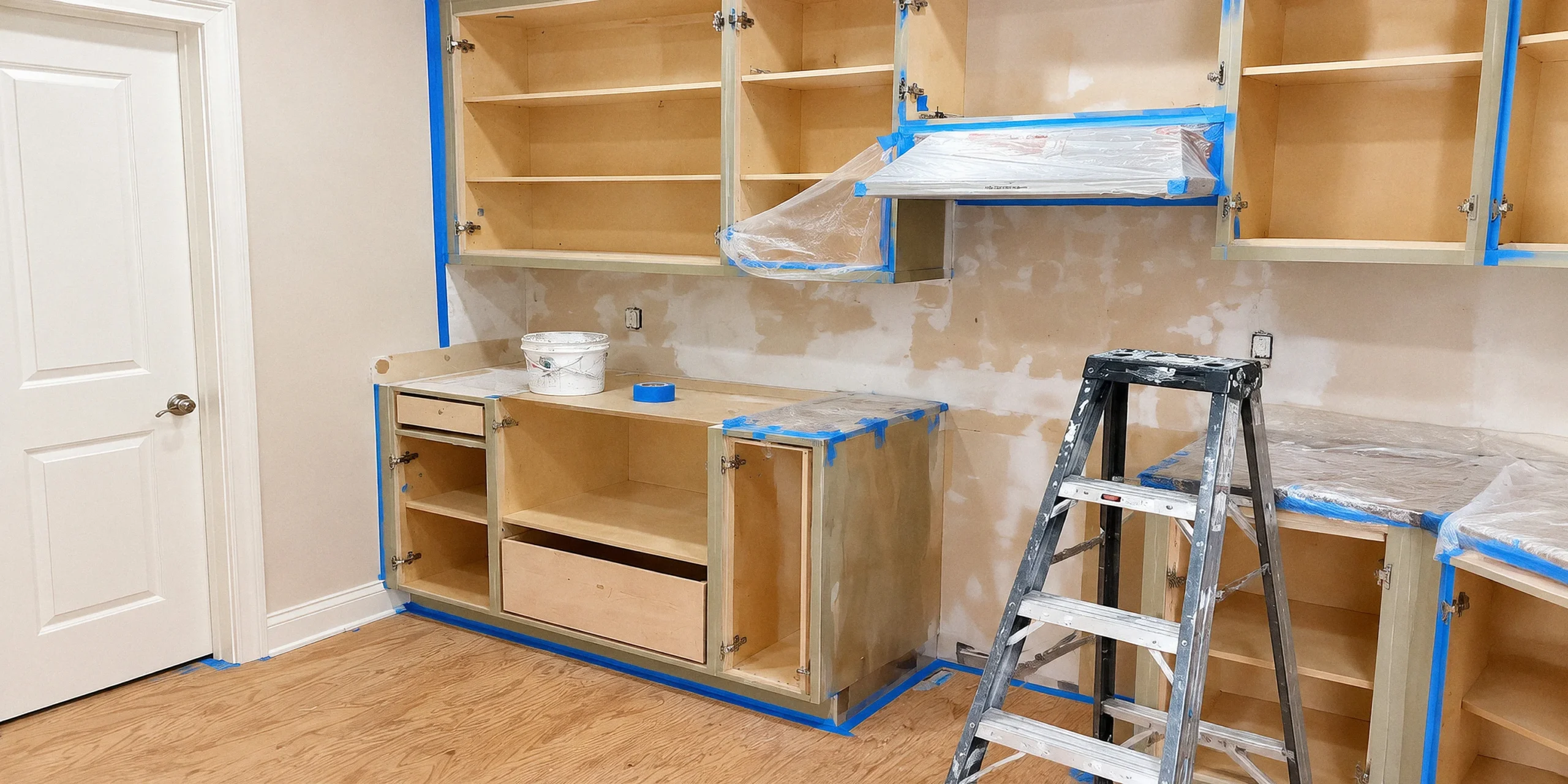 Kitchen cabinet boxes with the doors removed, edges taped and the room masked before refinishing begins
