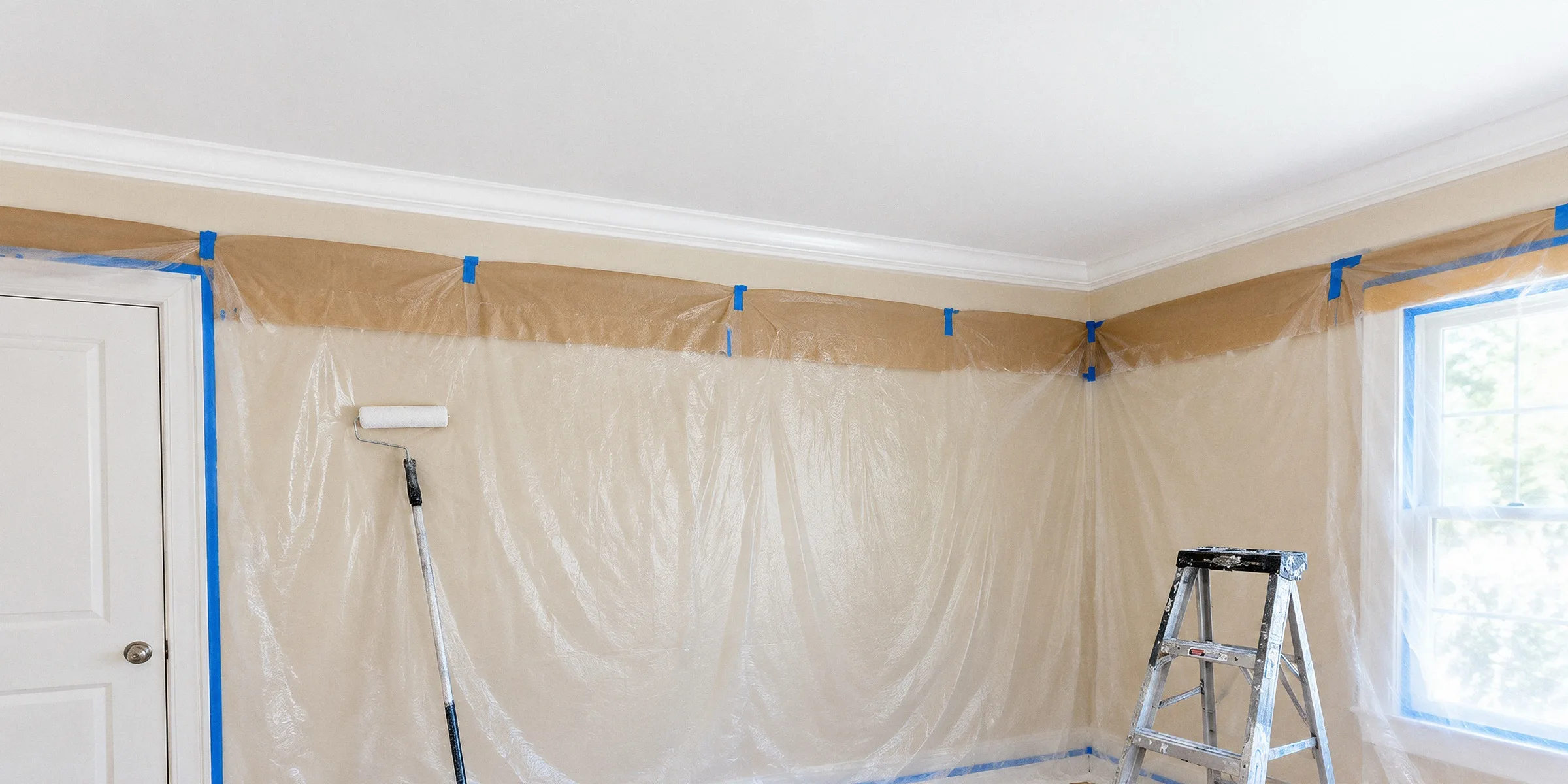 A freshly rolled white ceiling with the walls below masked and taped