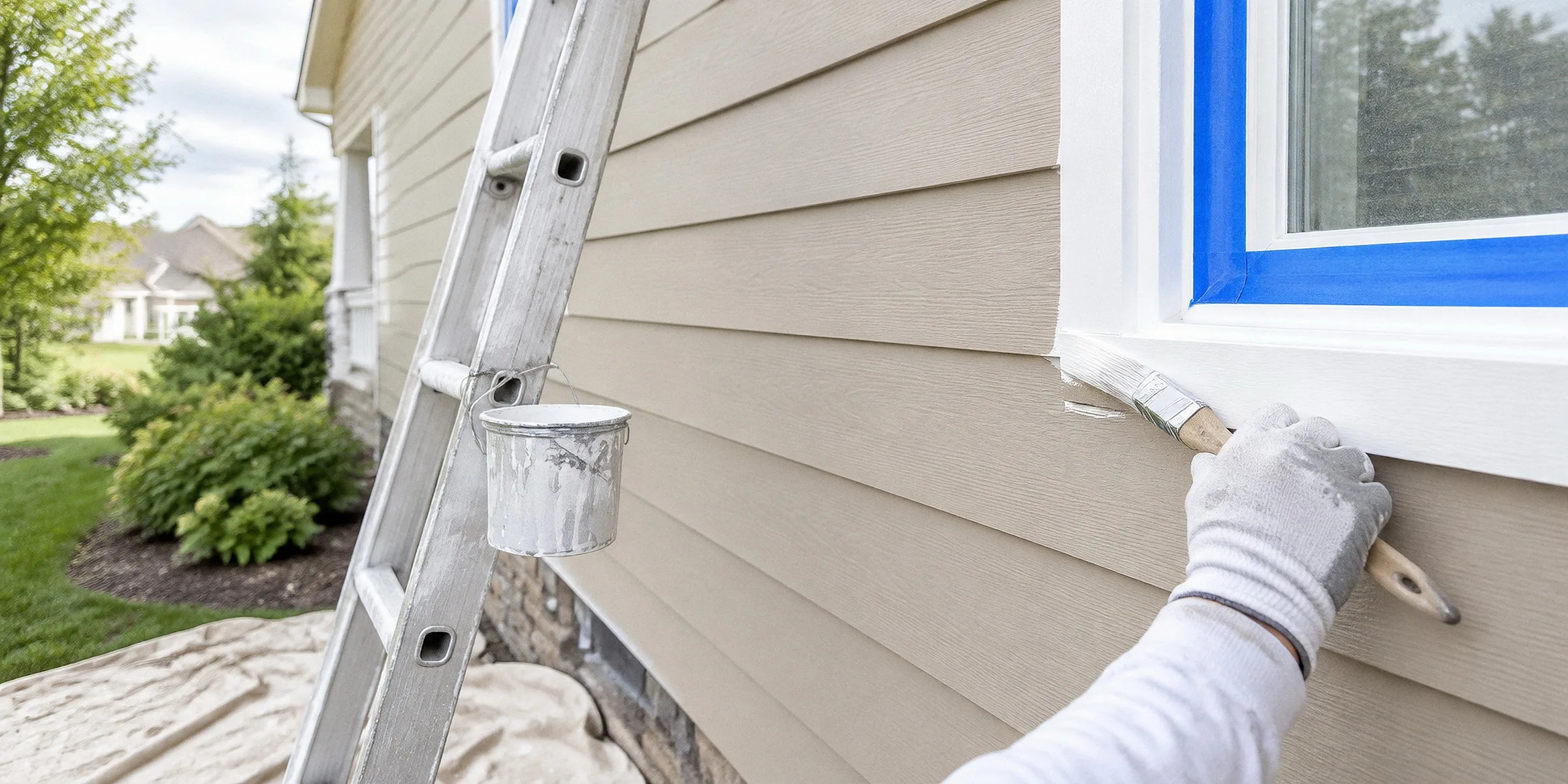 A painter cutting in a crisp line where white trim meets freshly painted siding