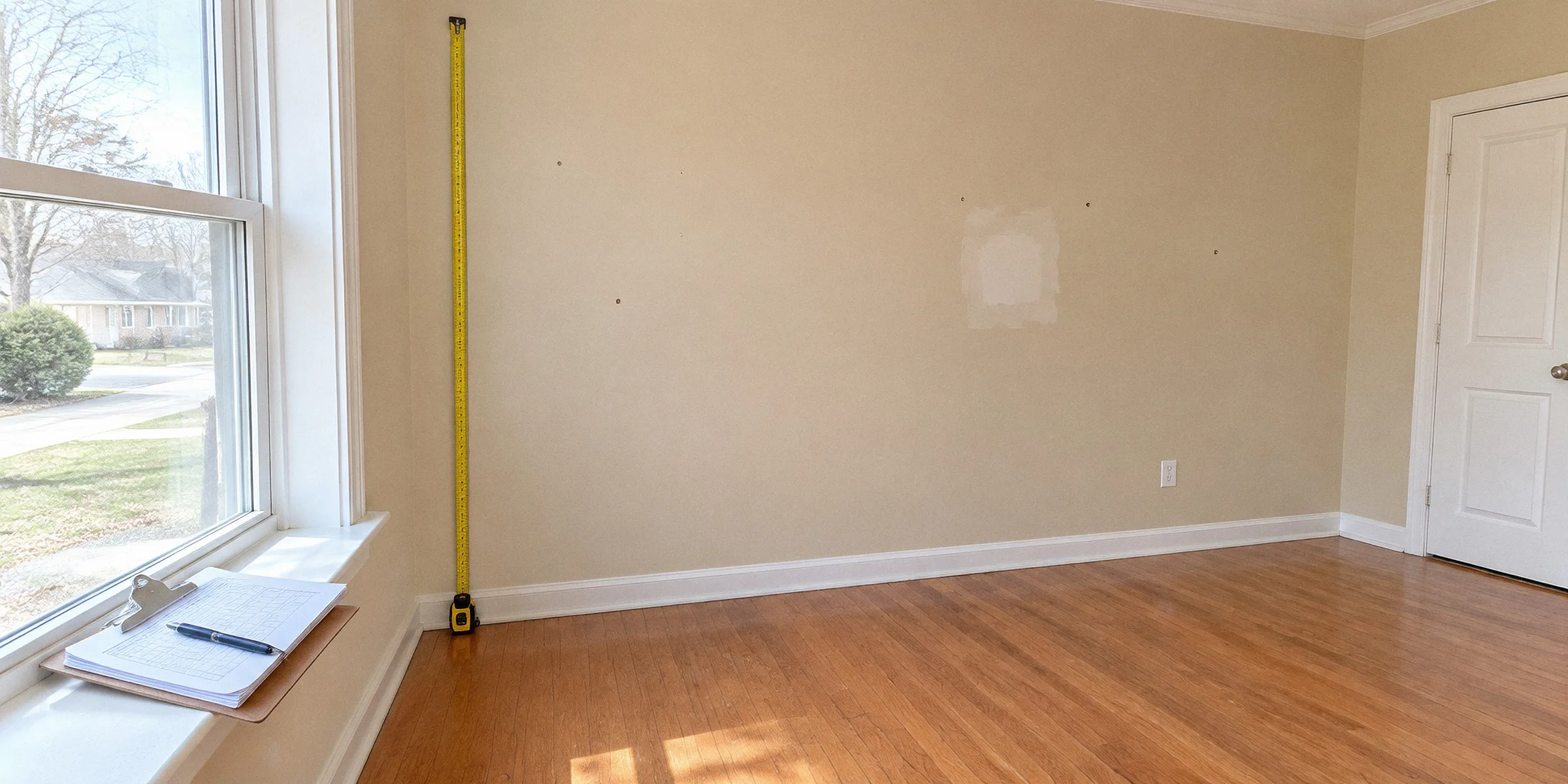 An empty room being measured up for a painting estimate, with a tape measure and a clipboard