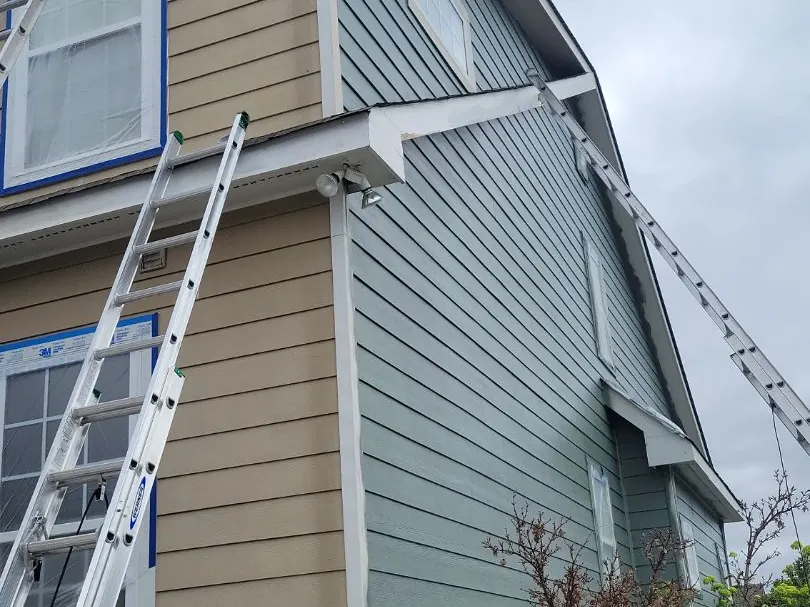 Ladders set against two-story siding before painting