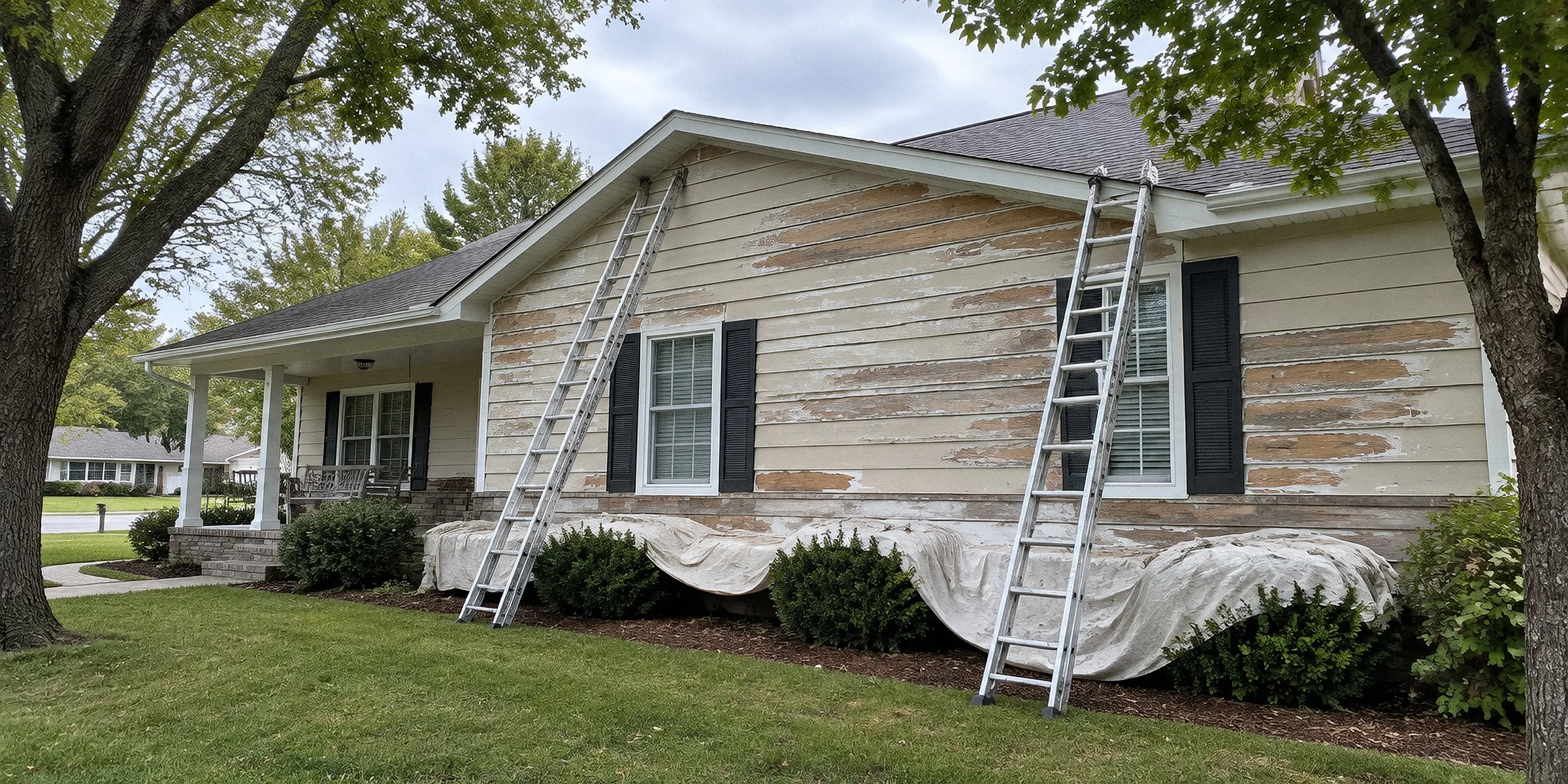 A house exterior with the siding scraped back, ladders up and drop cloths over the shrubs before painting