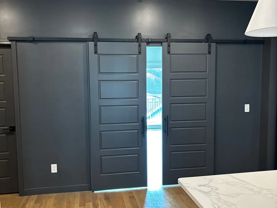 Painted sliding barn doors against a navy wall
