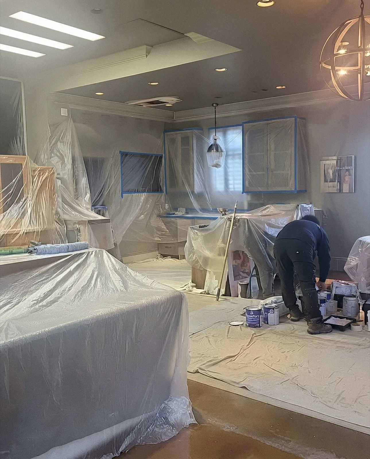 A room with the furniture draped and the floors covered before painting begins