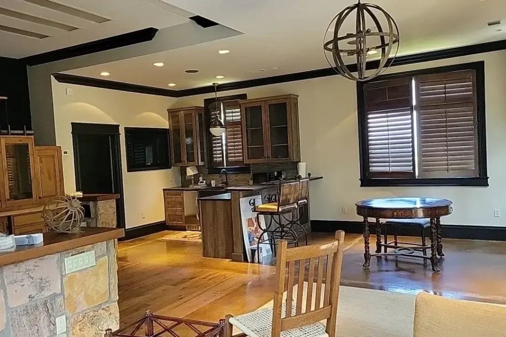 Finished interior with dark walls, trim and hardwood floors, Chattanooga