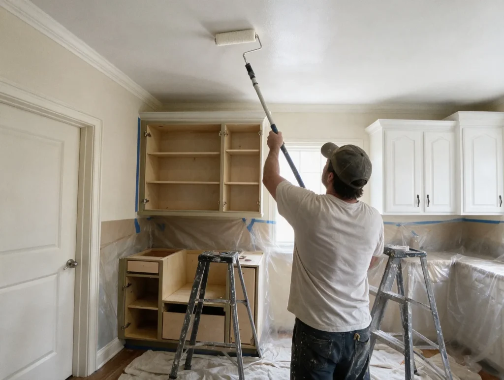 A painter rolling a freshly finished ceiling with an extension pole, the room below masked and covered